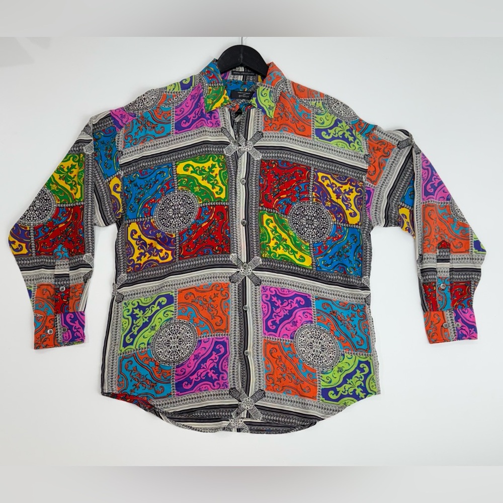 Vintage Timney Fowler Men’s 100% Silk Shirt S Multicolor Baroque Patchwork
